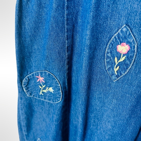 Vintage Blue Embroidered Denim Midi Dress Folk Cottage Medium - Picture 8 of 15